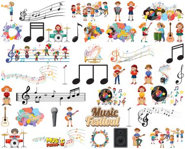 Çocuklar müzik aletleri ve müzik sembolleri resim oluşturur