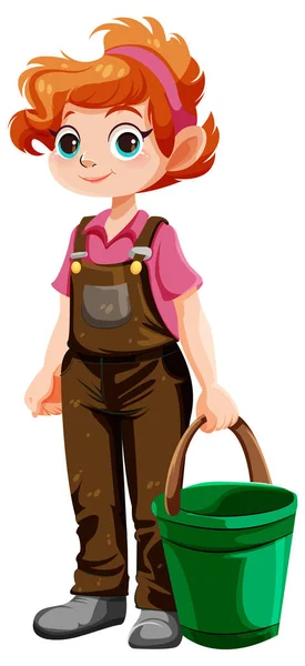 Carino Personaggio Cartone Animato Giardiniere Con Benna Illustrazione — Vettoriale Stock