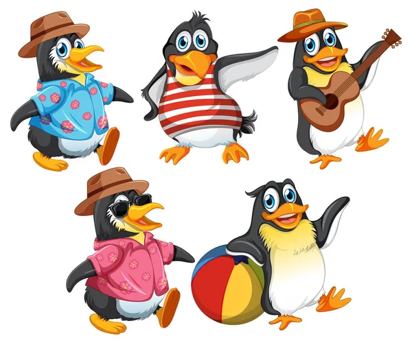 Персонажи Мультфильмов Пингвинах Летней Тематической Иллюстрации — стоковый вектор