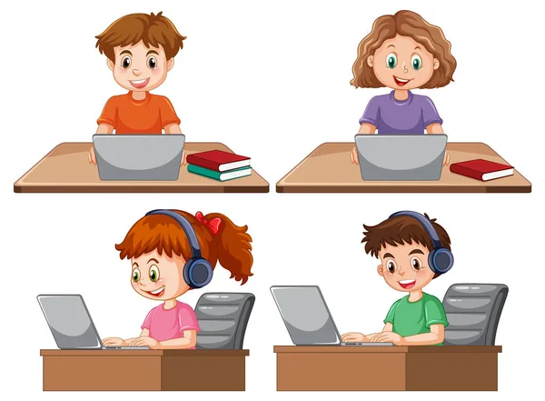 Set Children Using Laptop Illustration — Vector de stock