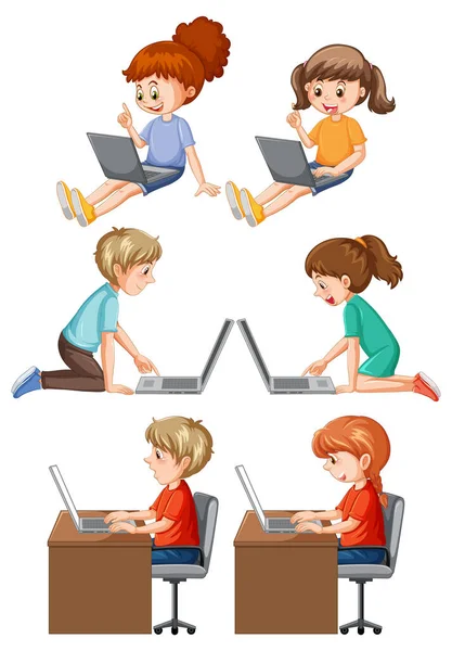 Set Von Kindern Mit Computerillustration — Stockvektor