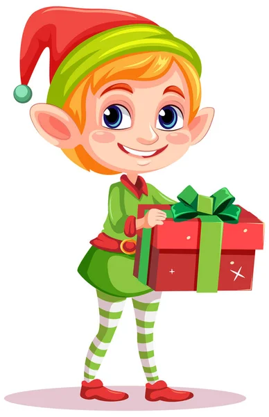 Elf Mädchen Cartoon Weihnachtsfigur Hält Geschenk Illustration — Stockvektor