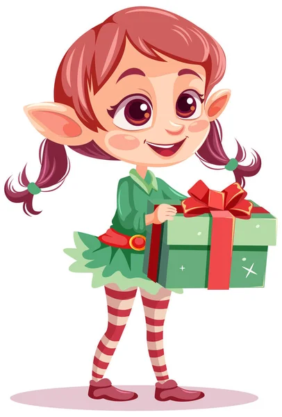 Elfo Chica Dibujos Animados Navidad Carácter Celebración Regalo Ilustración — Archivo Imágenes Vectoriales