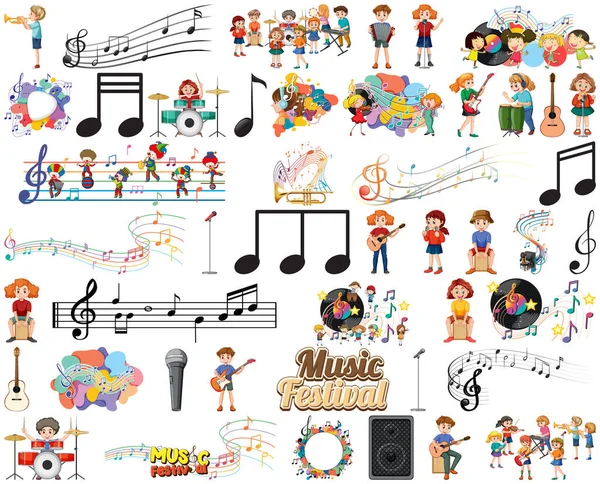 Gyerekek Hangszerek Zenei Szimbólumok Készlet Illusztráció — Stock Vector