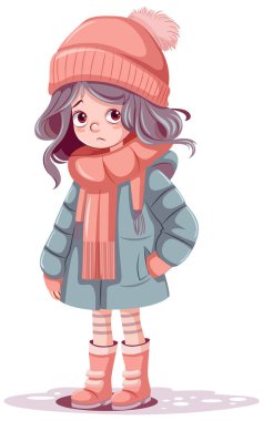 Shy Girl Dressed in Winter Clothing illustration clipart