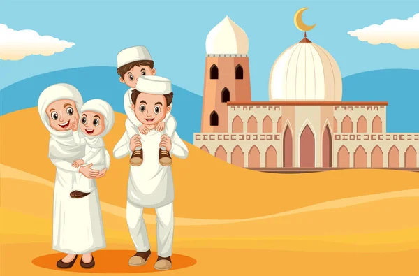 Famille Musulmane Voyageant Dans Désert Illustration — Image vectorielle