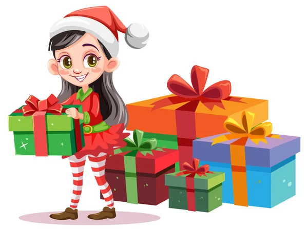 Christmas Elf Cartoon Character Gift Box Illustration — Stock Vector
