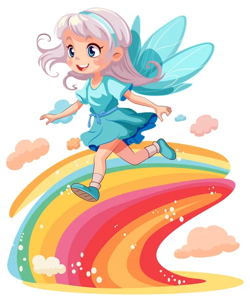 虹のイラストを歩くかわいい妖精の漫画 — ストックベクタ