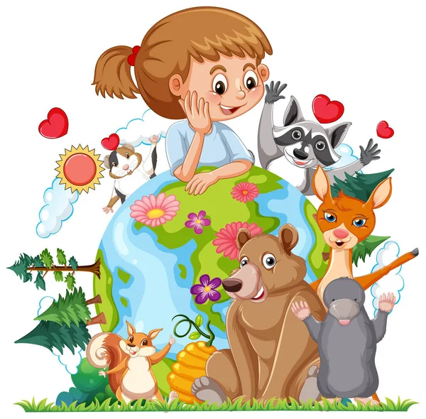 Ένα Κορίτσι Και Χαριτωμένο Άγρια Ζώα Εικονογράφηση — Διανυσματικό Αρχείο