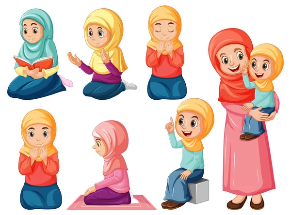 Conjunto Pessoas Muçulmanas Desenho Animado Personagem Ilustração — Vetor de Stock