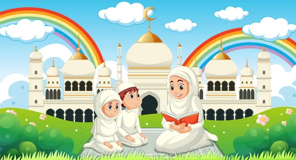 イスラム教徒の家族漫画のキャラクターイラスト — ストックベクタ