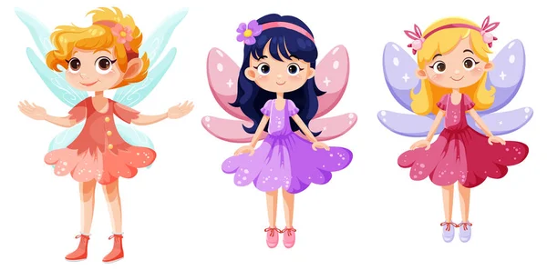 Set Cute Fairies Cartoon Charater Illustration — Stock Vector