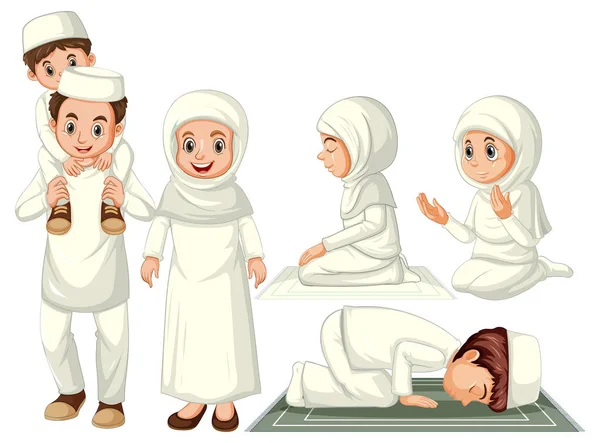 Set Persone Musulmane Cartone Animato Personaggio Illustrazione — Vettoriale Stock