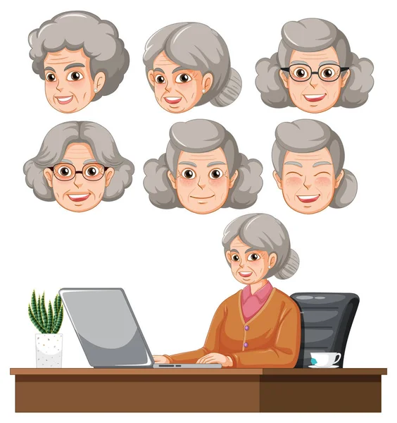 Set Nonna Con Espressione Facciale Diversa Utilizzando Illustrazione Del Computer — Vettoriale Stock