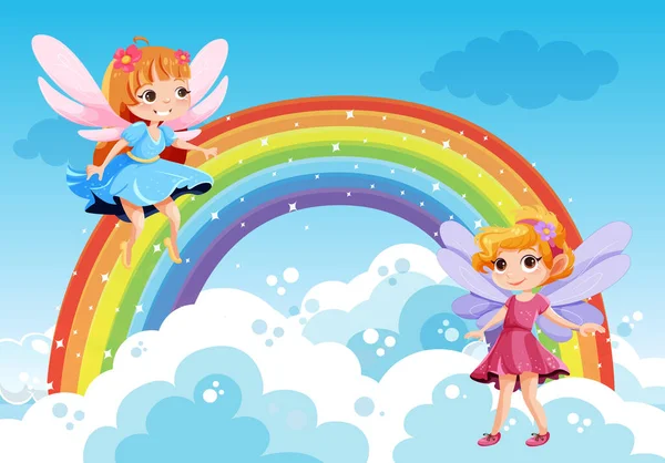 虹のイラストを飛び越えるかわいいファンタジー妖精漫画のキャラクター — ストックベクタ