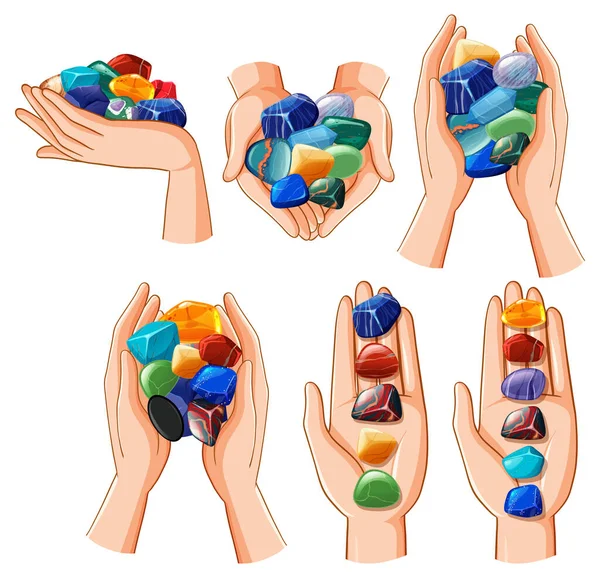 Set Human Hands Healing Crystals Illustration — Stock Vector