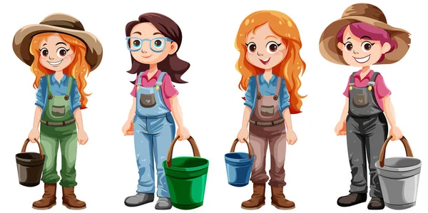 Set Farmer Girl Cartoon Character Illustration — Stock Vector