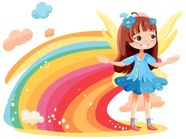 カラフルな虹のイラストとかわいいファンタジー妖精漫画のキャラクター — ストックベクタ