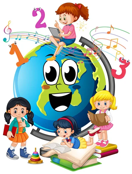 Jorden Planet Med Glada Barn Illustration — Stock vektor