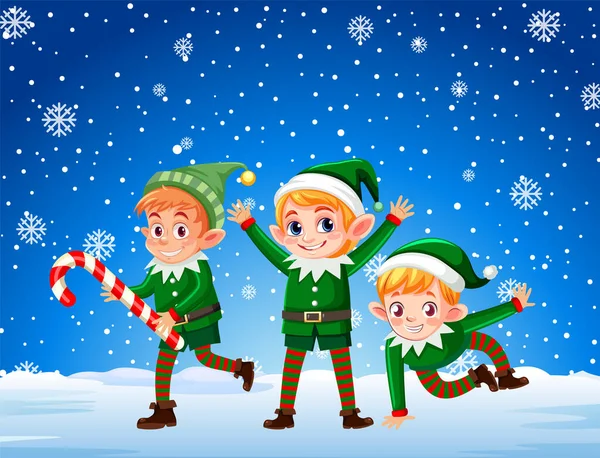 Noel Elfleri Nin Karikatür Karakteri Açık Havada Kar Resimlerinde — Stok Vektör