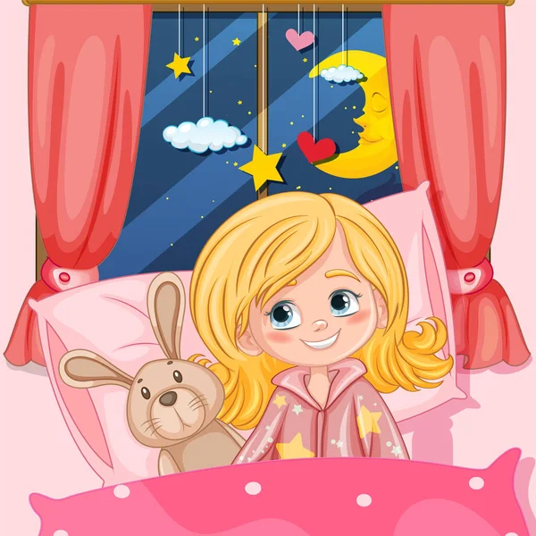 Κορίτσι Στο Κρεβάτι Κούκλα Λαγουδάκι Εικονογράφηση — Διανυσματικό Αρχείο