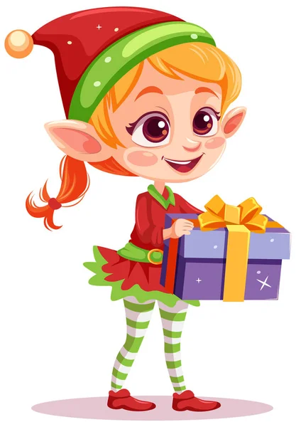 Elf Dívka Kreslené Vánoční Postava Držení Dárek Ilustrace — Stockový vektor
