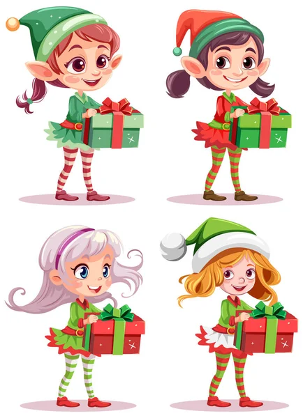 Set Cartoon Character Holding Christmas Gift Illustration — Stock Vector