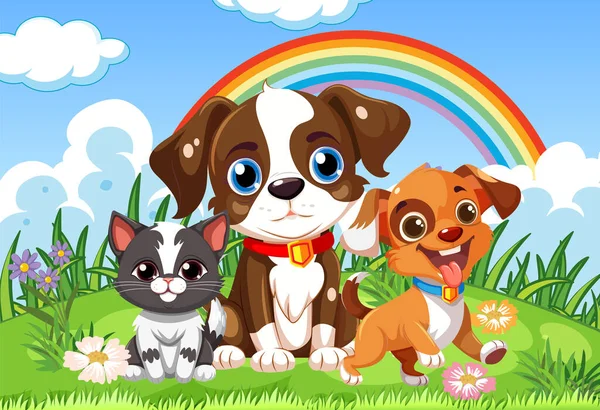 Puppy Kat Vriend Bij Outdoor Tuin Illustratie — Stockvector