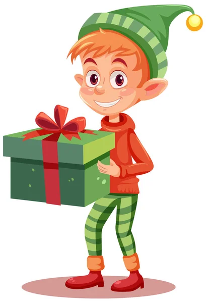 Fröhliche Elf Mit Einer Geschenkbox Illustration — Stockvektor