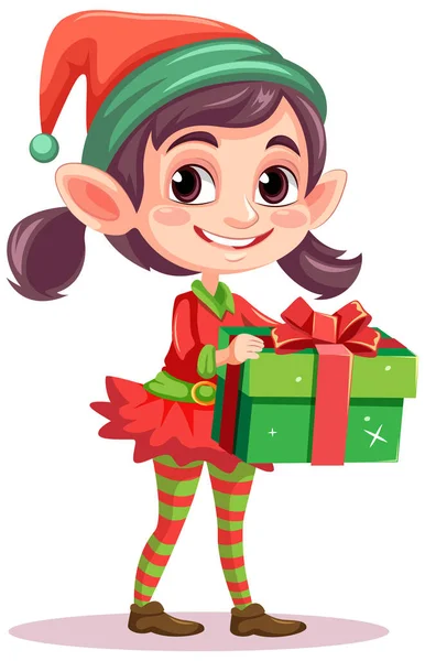Elf Dziewczyna Kreskówka Boże Narodzenie Postać Gospodarstwa Prezent Ilustracja — Wektor stockowy