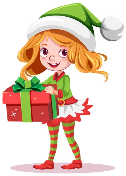 Christmas Cartoon Character Holding Gift Box Illustration — Stock Vector