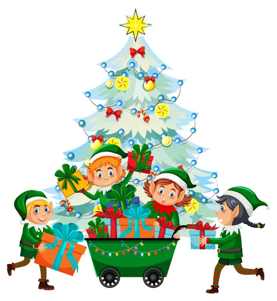 多くのエルフのイラストとクリスマスツリー — ストックベクタ