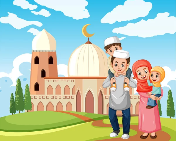 Familia Musulmana Ilustración Estilo Dibujos Animados — Vector de stock