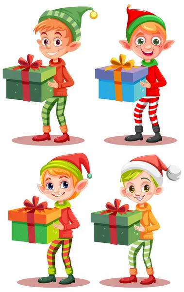 Ensemble Personnage Bande Dessinée Tenant Illustration Cadeau Noël — Image vectorielle