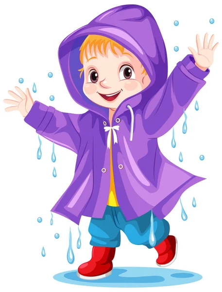Happy Boy Draagt Regenjas Illustratie — Stockvector