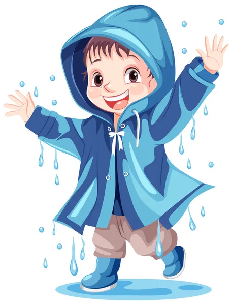 Szczęśliwy Chłopiec Nosić Płaszcz Przeciwdeszczowy Ilustracja — Wektor stockowy