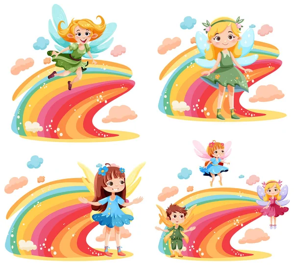 Leuke Fantasie Fee Cartoon Karakter Met Kleurrijke Regenboog Illustratie — Stockvector