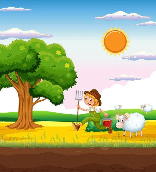 Rustic Farm Landscape Boy His Sheep Illustration — Stock Vector