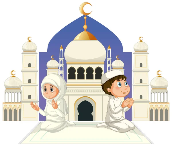 Muzułmańska Para Modląca Się Postać Kreskówki Ilustracja — Wektor stockowy