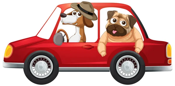 赤い車のイラストを運転する2匹の犬 — ストックベクタ