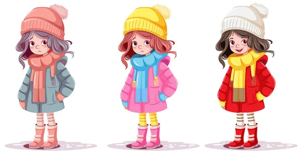 冬の布のイラストでかわいい女の子漫画のキャラクターのセット — ストックベクタ