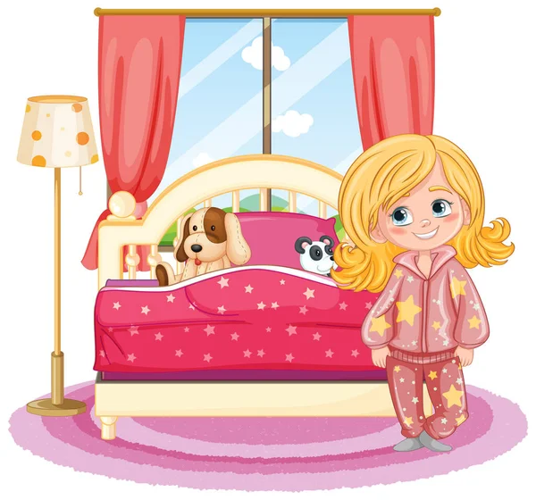 Cute Girl Pajamas Bedroom Morning Illustration — Stock Vector