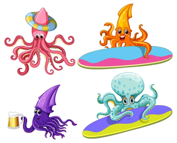 Oktopus Und Tintenfisch Cartoon Figuren Sommer Thema Illustration — Stockvektor