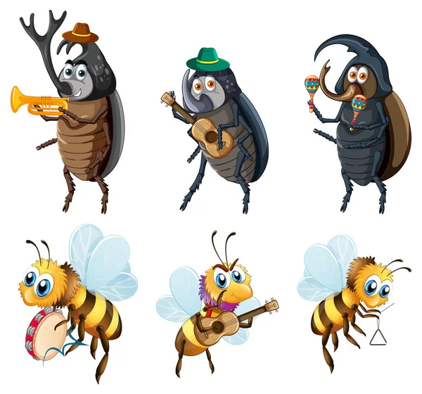 Beetle Bee Tekenfilm Personages Illustratie — Stockvector