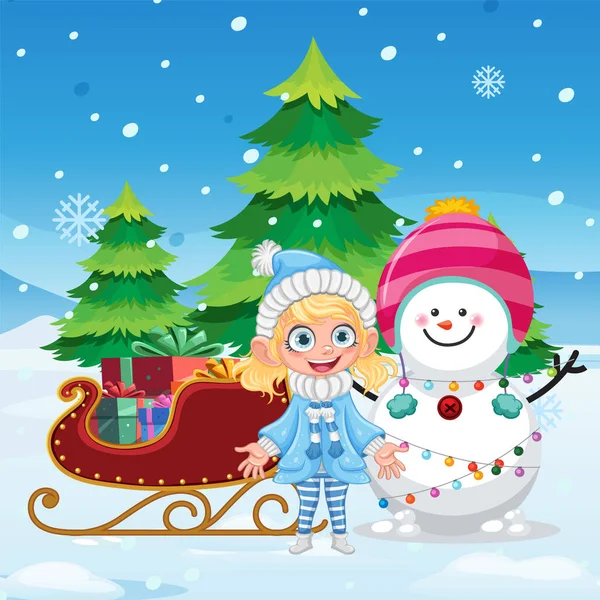 Šťastná Dívka Sněhuláka Zimní Pozadí Ilustrace — Stockový vektor