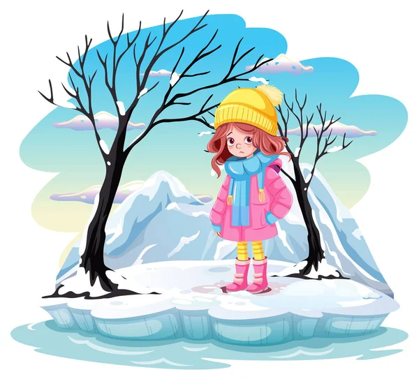 寒い屋外の冬のシーンのイラストで女の子をカット — ストックベクタ