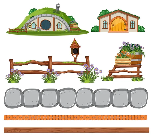 Conjunto Casa Hobbit Con Puerta Separada Ilustración Ventana — Vector de stock