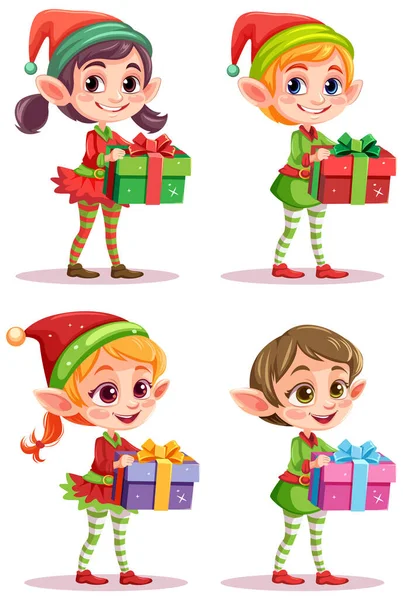 Σύνολο Χαρακτήρων Κινουμένων Σχεδίων Κρατώντας Εικονογράφηση Χριστουγεννιάτικο Δώρο — Διανυσματικό Αρχείο
