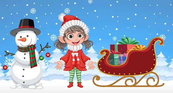 Happy Girl Snowman Winter Background Illustration — Stock Vector