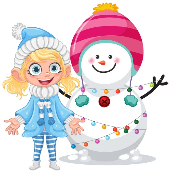 Gelukkig Meisje Met Sneeuwman Illustratie — Stockvector